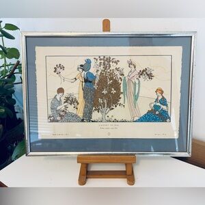 Art Nouveau Print pochoir c. 1914 with Silver Frame